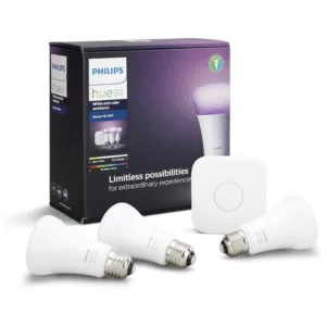 Philips Hue Starter Kit – 3 E27 WCA Smart Bulbs (White and Color Ambiance) + Hue Bridge