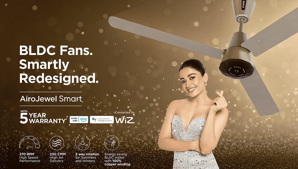 Ecolink AiroJewel Smart WiFi BLDC Ceiling Fan | IoT Enabled with RF Remote | 1200mm, BEE 5 Star Rated | Philips WiZ Connected