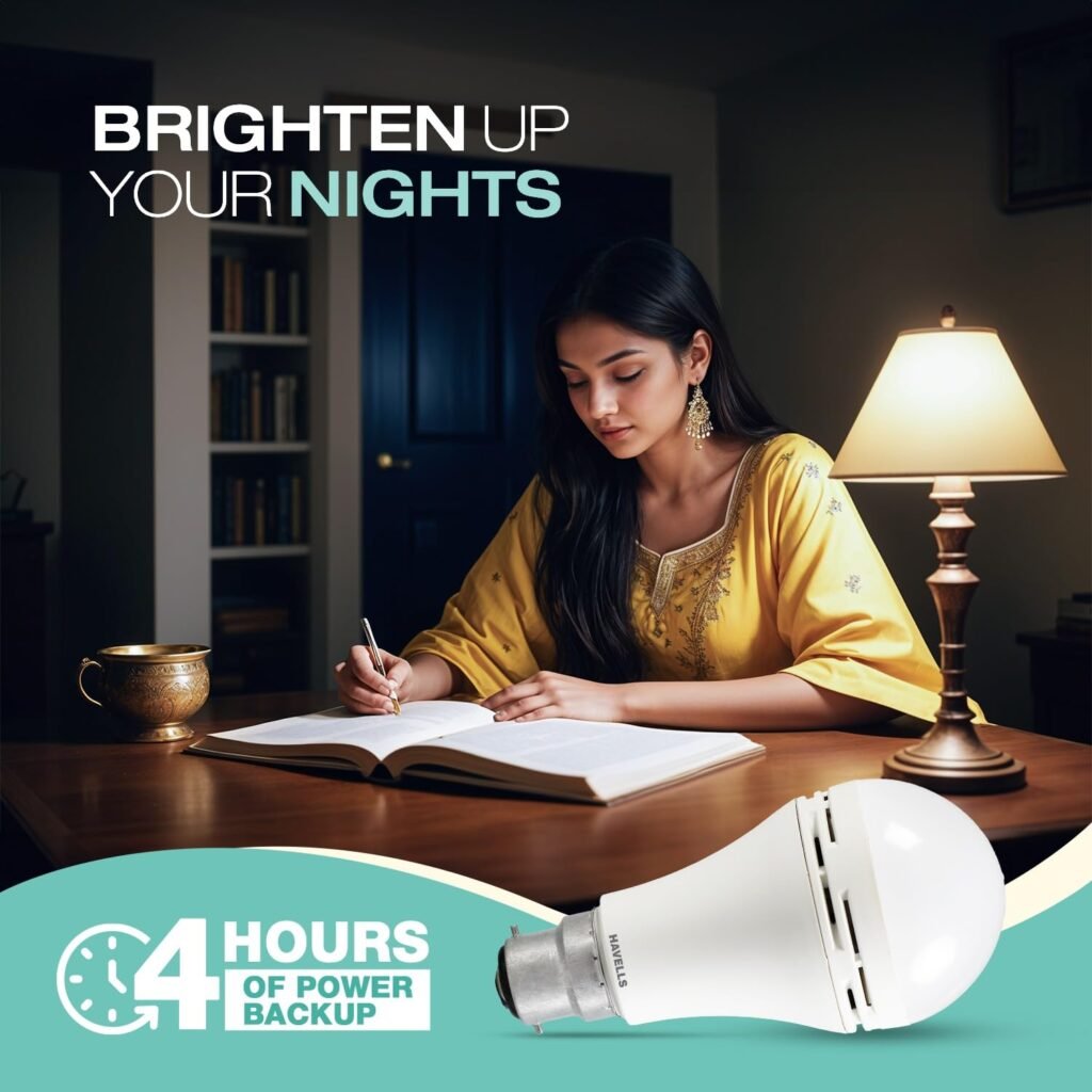 Havells Inverter Bulb Rechargeable Emergency LED 8.5W | B22 850lm 6500K Cool Daylight 1800mAh Li-ion Battery 4 hours Backup
