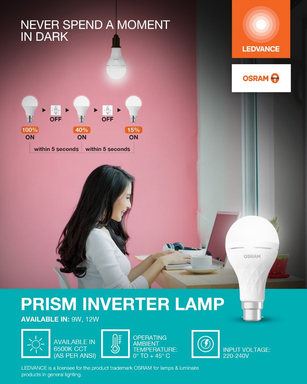 LEDVANCE Rechargeable LED Bulb 12W | OSRAM Emergency Inverter Lamp | 4 hours - B22 1200lm 6500K