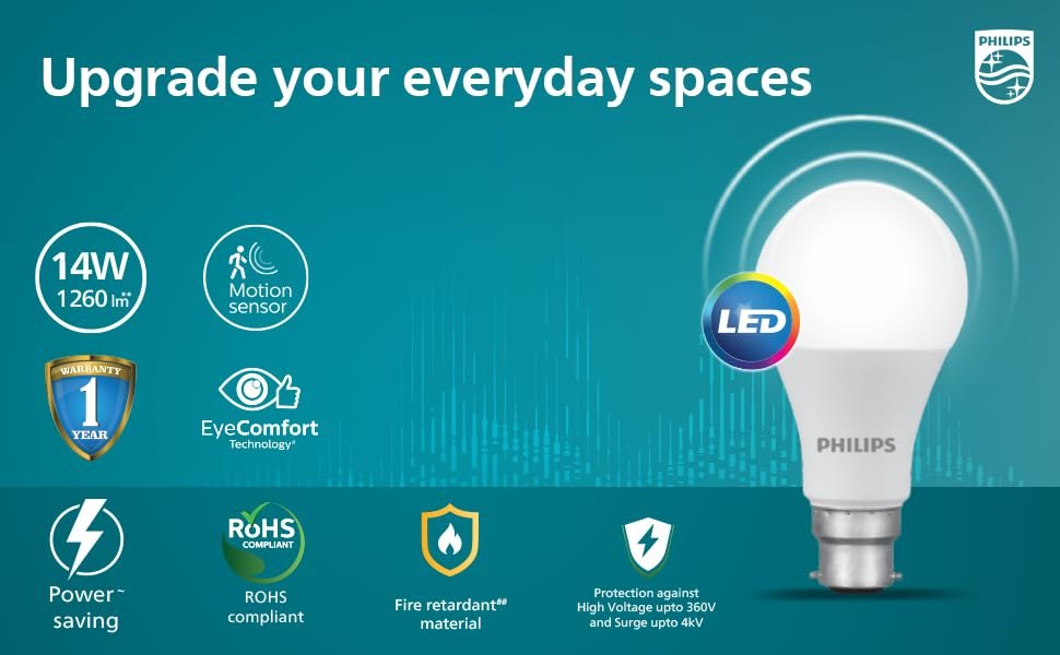 Philips Motion Sensing LED Bulb B22 Crystal White 6500K, 1260lm, 14W