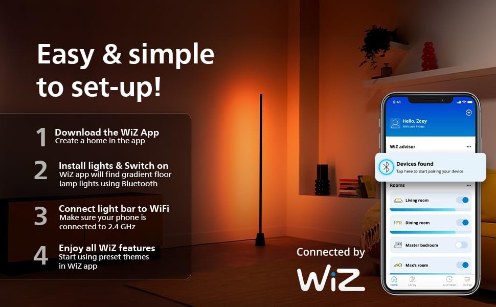 Philips WiZ Gradient Floor Lamp | Smart WiFi Multicolor Segmented RGBIC LED Corner Pole Light