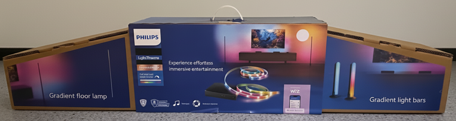 Philips WiZ LightTheatre Kit - 55”-65”/ 75”-85” | Bundle of Smart WiFi HDMI Sync Box with TV Backlight LED Strip + Gradient Floor Lamp + 2 Gradient Light Bars