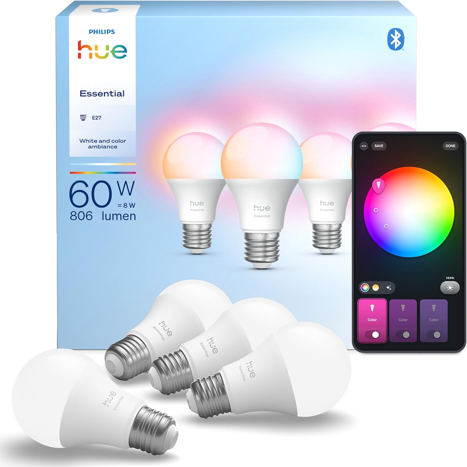 Philips Hue Essential A60 E27 806lm WACA Smart Bulb Pack of 4 | 8W, 2200K-6500K 1 lips Hue Essential A60 E27 806lm WACA Smart Bulb Pack of 4 | 8W, 2200K-6500K