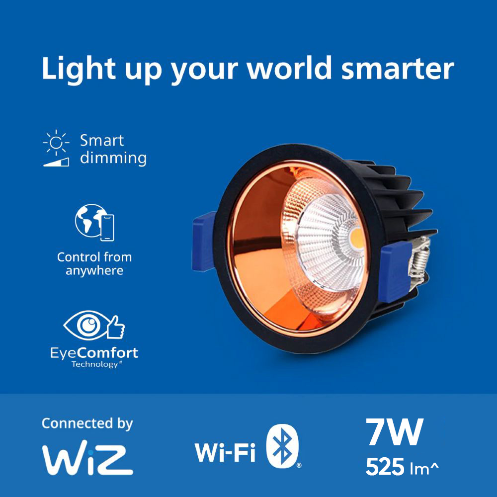 Philips WiFi Dimmable Recessed Spot 7W, 525lm, WW/NW, Rose Gold/Gun Metal | WiZ Smart Dim Deco COB LED Spotlight 4 Philips WiFi Dimmable Recessed Spot 7W, 525lm, WW/NW, Rose Gold/Gun Metal | WiZ Smart Dim Deco COB LED Spotlight