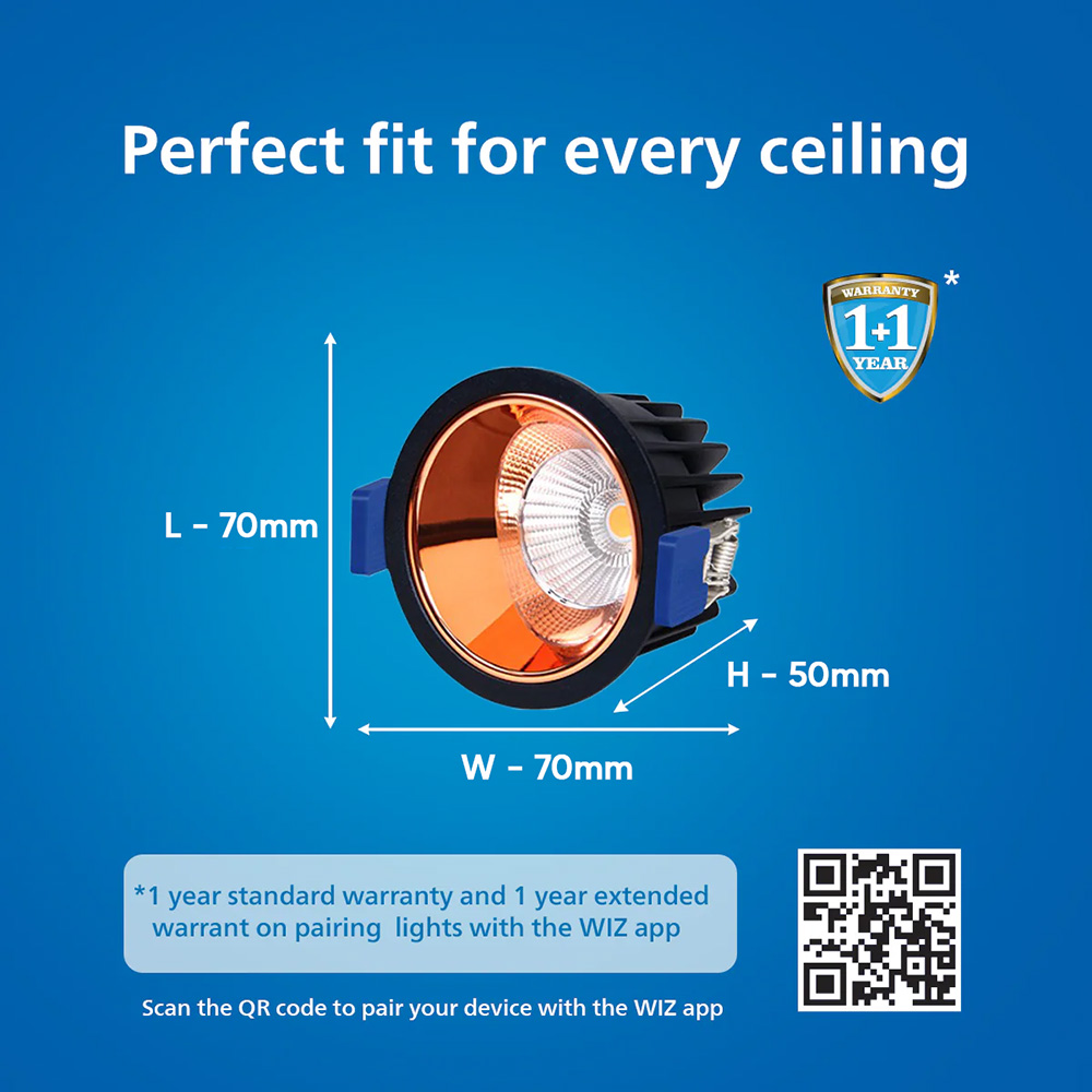 Philips WiFi Dimmable Recessed Spot 7W, 525lm, WW/NW, Rose Gold/Gun Metal | WiZ Smart Dim Deco COB LED Spotlight 5 Philips WiFi Dimmable Recessed Spot 7W, 525lm, WW/NW, Rose Gold/Gun Metal | WiZ Smart Dim Deco COB LED Spotlight