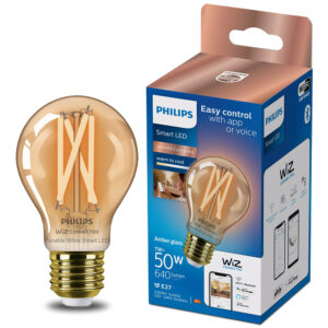 Philips Wi-Fi Filament Amber Glass Bulb A60 - 7W, E27, Vintage Edison Style Smart LED, Tunable White, Dimmable (WiZ Connected Retro Decorative Light)