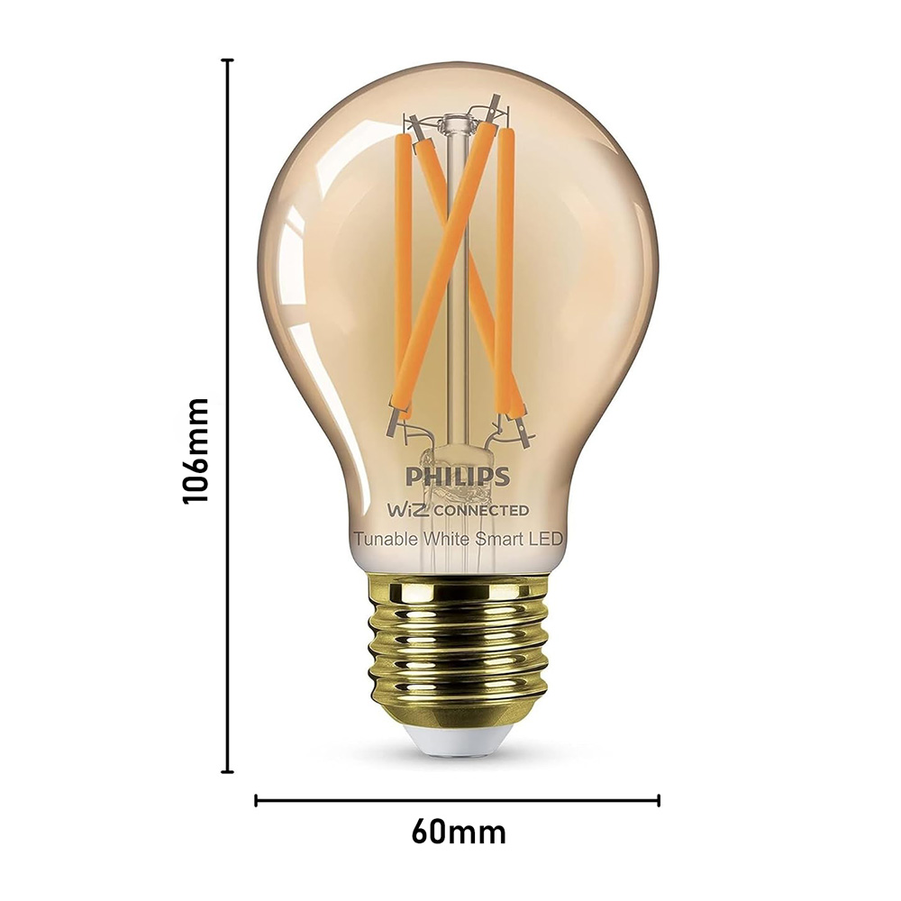 Philips Wi-Fi Filament Amber Glass Bulb A60 - 7W, E27, Vintage Edison Style Smart LED, Tunable White, Dimmable (WiZ Connected) 12 Philips Wi-Fi Filament Amber Glass Bulb A60 - 7W, E27, Vintage Edison Style Smart LED, Tunable White, Dimmable (WiZ Connected Retro Decorative Light)