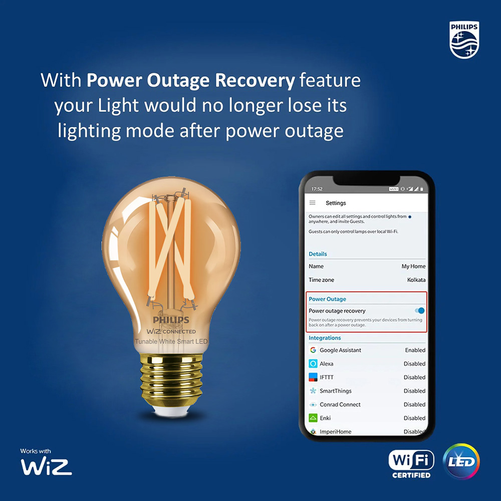 Philips Wi-Fi Filament Amber Glass Bulb A60 - 7W, E27, Vintage Edison Style Smart LED, Tunable White, Dimmable (WiZ Connected) 24 Philips Wi-Fi Filament Amber Glass Bulb A60 - 7W, E27, Vintage Edison Style Smart LED, Tunable White, Dimmable (WiZ Connected Retro Decorative Light) - Power Recovery