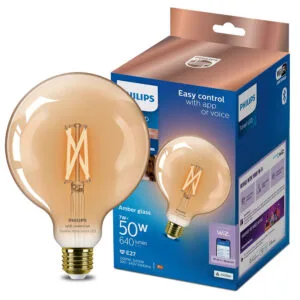 Philips WiFi Filament Globe Amber Glass Bulb G125 - 7W, E27, Decorative Edison Style Smart LED, Tunable White, Dimmable (WiZ Connected)