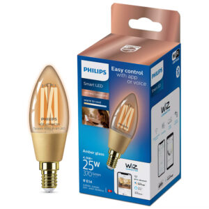 Philips WiFi LED Filament Candle Bulb (Amber) - TW 4.9W C35 E14 Base | 25W Eq. 370lm Vintage Style WiZ Smart Bulb (Tunable White, Dimmable)