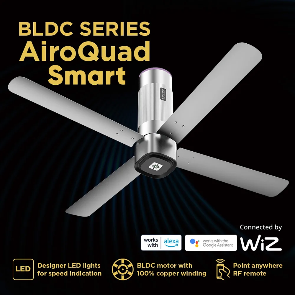 Ecolink AiroQuad Smart BLDC Ceiling Fan | WiFi + RF Remote | 1200mm, 35W, 230CMM, 370RPM | Philips WiZ Connected