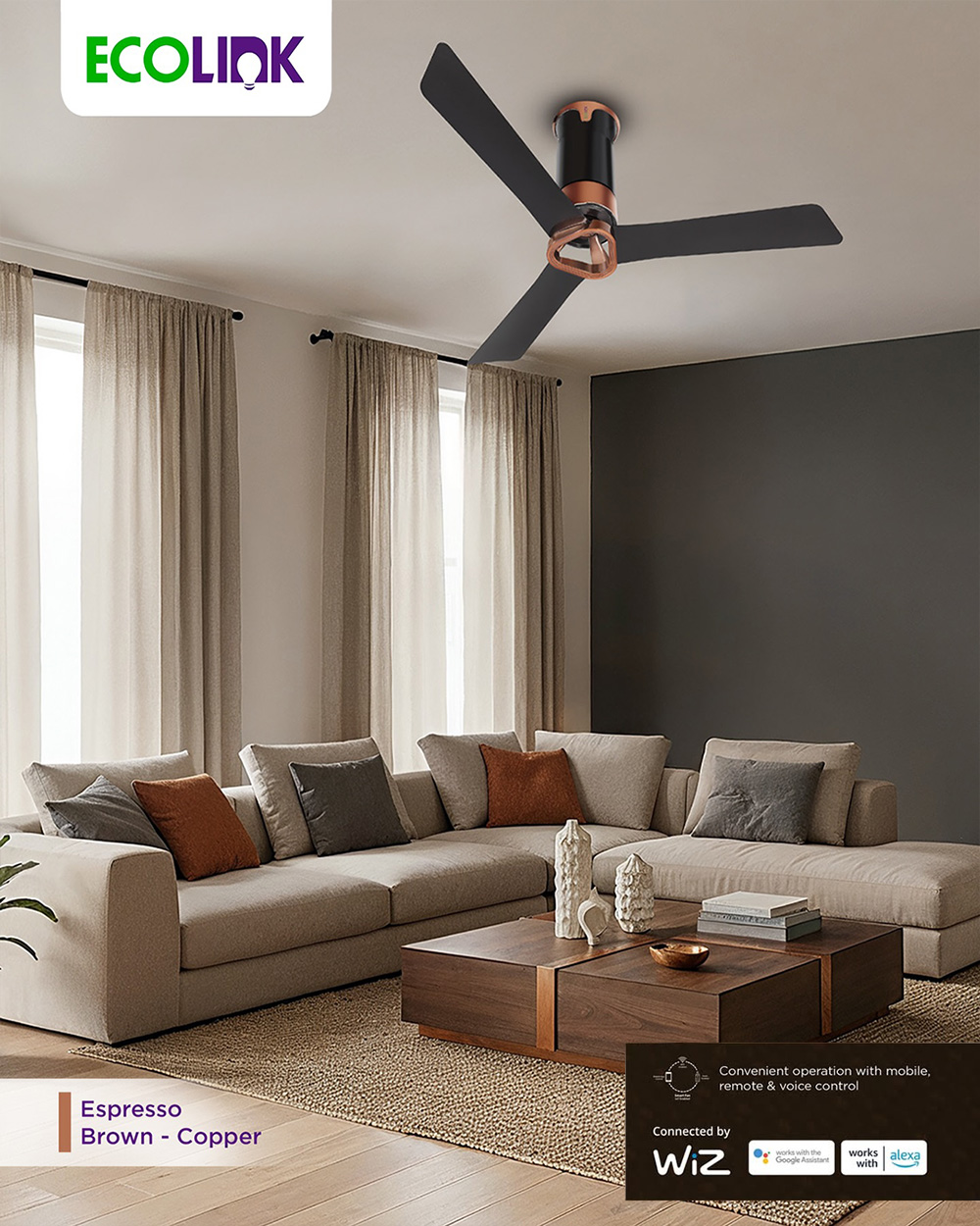 Ecolink AiroElevate Smart BLDC Ceiling Fan | WiFi + RF Remote | 1200mm, 35W, 230CMM, 370RPM | Philips WiZ Connected | App & Voice Control 32 Ecolink AiroElevate Smart BLDC Ceiling Fan | WiFi + RF Remote | 1200mm, 35W, 230CMM, 370RPM | Philips WiZ Connected - Espresso Brown - Copper