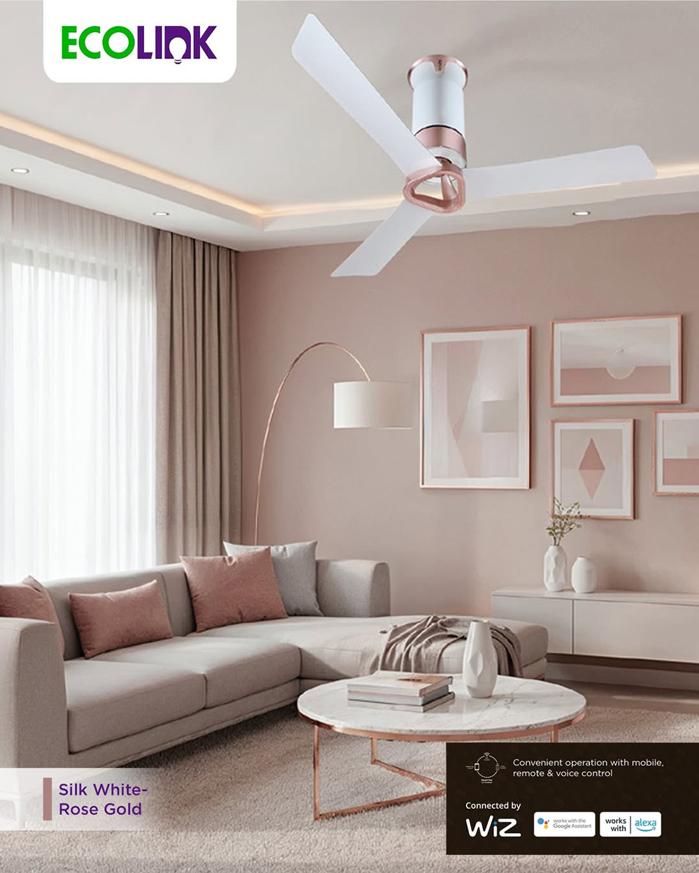 Ecolink AiroElevate Smart BLDC Ceiling Fan | WiFi + RF Remote | 1200mm, 35W, 230CMM, 370RPM | Philips WiZ Connected | App & Voice Control 31 Ecolink AiroElevate Smart BLDC Ceiling Fan | WiFi + RF Remote | 1200mm, 35W, 230CMM, 370RPM | Philips WiZ Connected - Silk White - Rose Gold