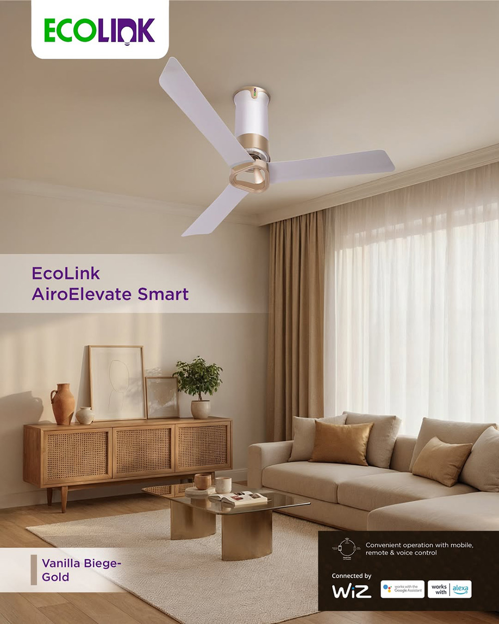 Ecolink AiroElevate Smart BLDC Ceiling Fan | WiFi + RF Remote | 1200mm, 35W, 230CMM, 370RPM | Philips WiZ Connected | App & Voice Control 30 Ecolink AiroElevate Smart BLDC Ceiling Fan | WiFi + RF Remote | 1200mm, 35W, 230CMM, 370RPM | Philips WiZ Connected - Vanilla Beige - Gold