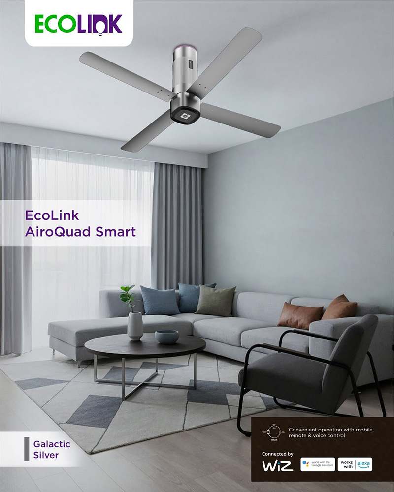 Ecolink AiroQuad Smart BLDC Ceiling Fan | WiFi + RF Remote | 1200mm, 35W, 230CMM, 370RPM | Philips WiZ Connected - Galactic Silver