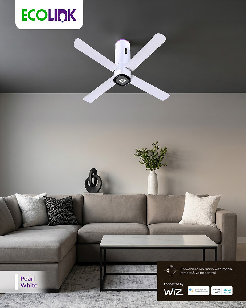 Ecolink AiroQuad Smart BLDC Ceiling Fan | WiFi + RF Remote | 1200mm, 35W, 230CMM, 370RPM | Philips WiZ Connected - Pearl White