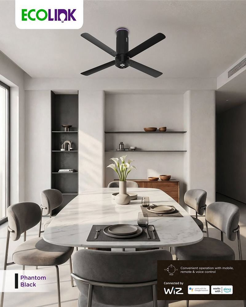 Ecolink AiroQuad Smart BLDC Ceiling Fan | WiFi + RF Remote | 1200mm, 35W, 230CMM, 370RPM | Philips WiZ Connected - Phantom Black