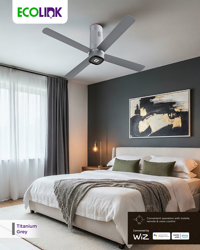 Ecolink AiroQuad Smart BLDC Ceiling Fan | WiFi + RF Remote | 1200mm, 35W, 230CMM, 370RPM | Philips WiZ Connected - Titanium Grey