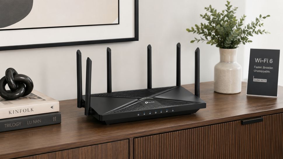 A Wi-Fi 6 / mesh router (TP-Link Archer AX or Asus RT-AX style) on a console table — clean, modern.