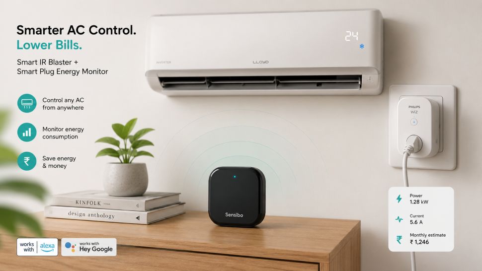 AC Control and IR State Desync. A Product Image. Smart IR blaster placed in front of a wall-mounted split AC, with an Indian smart plug / energy monitor on the AC circuit.